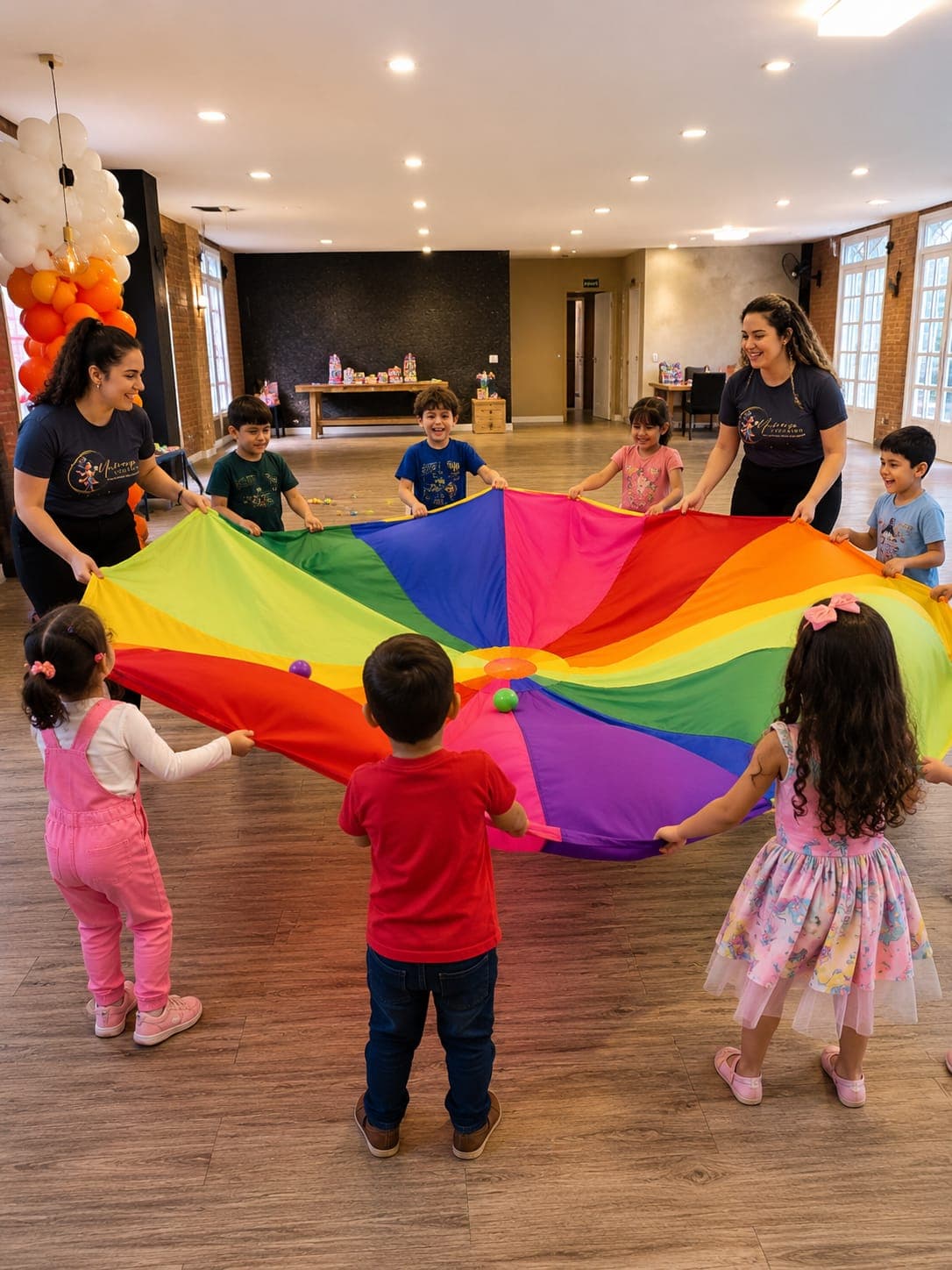 crianças participando de uma brincadeira com paraquedas colorido durante uma recreação infantil