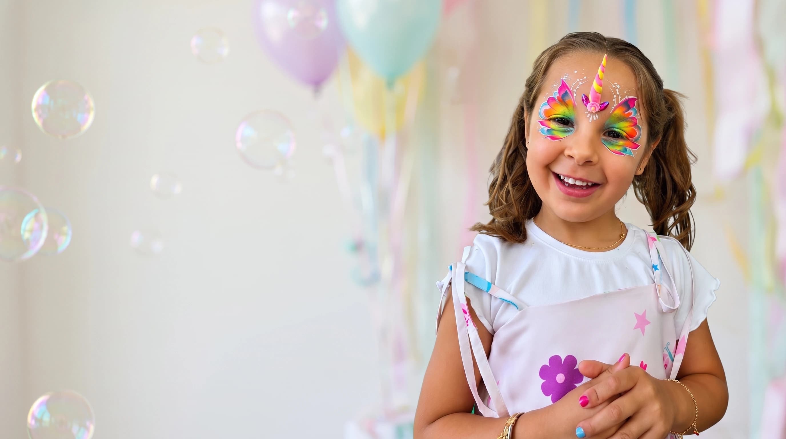 menina sorrindo com pintura artística de unicórnio colorida no rosto, em uma festa infantil